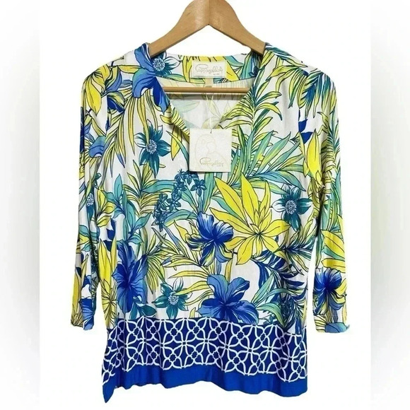 Cappagallo Tropical Floral Hibiscus Tunic Resort Wear Top Medium Petite NWT - Picture 1 of 6